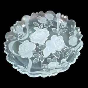 Vintage Laura Glass 1990s Rose Parade Frosted/Clear Glass Platter Scallop Edges